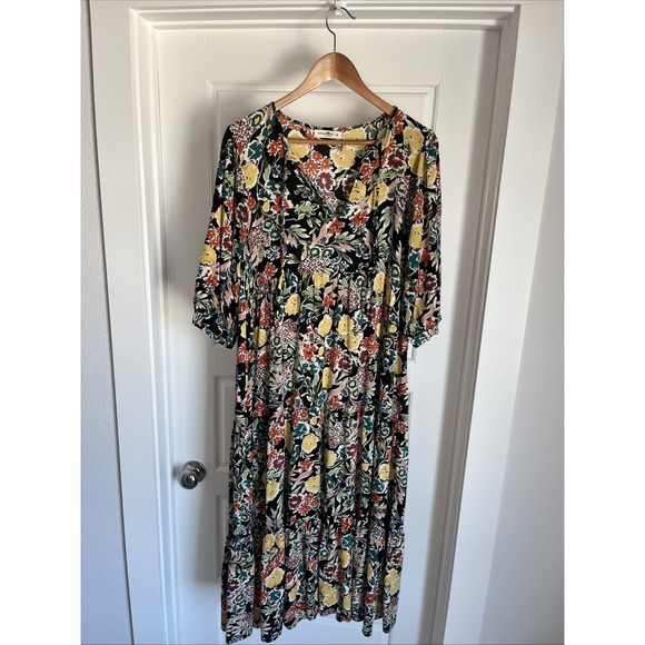 NATURAL LIFE Dresses & Skirts - Natural Life Black Floral Tiered Maxi Dress  Necktie  Cottage Core Boho Chic  M